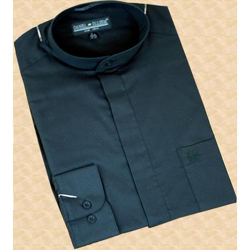 Daniel Ellissa Black Banded Collar Cotton Blend Dress Shirt